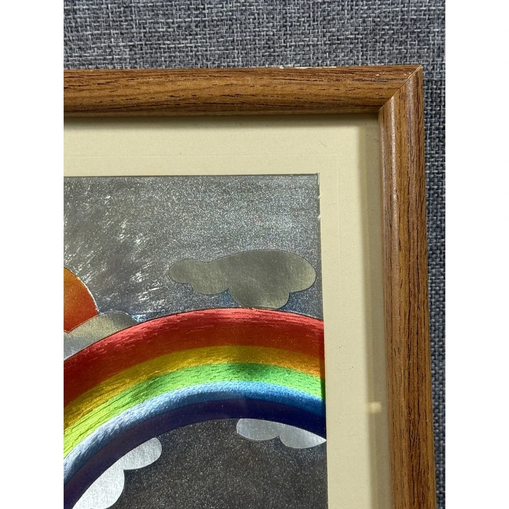 VTG DUFEX FOIL Art Framed Picture Teddy Bear Rainbow Sun Nursery Kid Decor 8x10